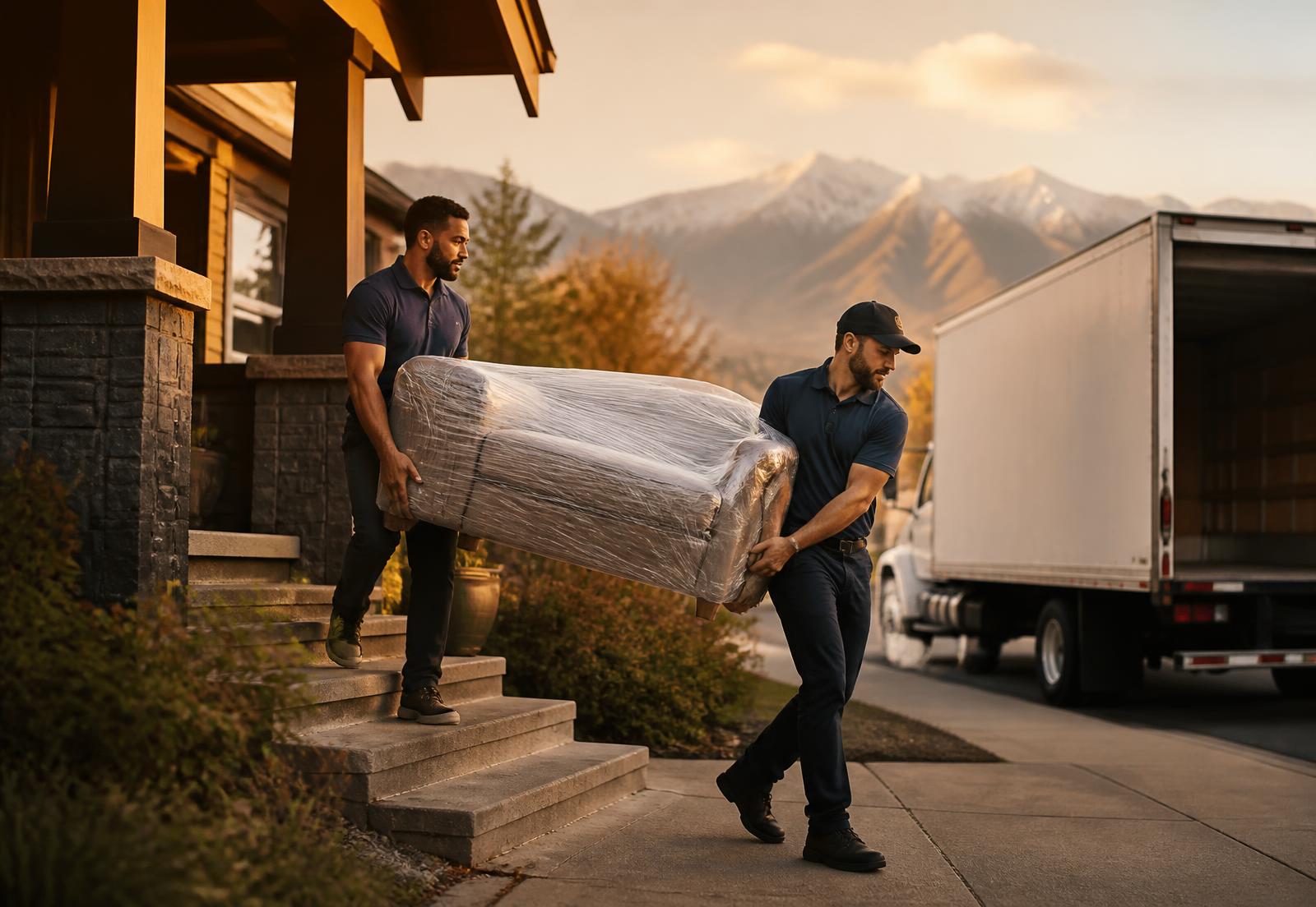 Sojourn Moving crew carrying a wrapped sofa to a box truck in Denver